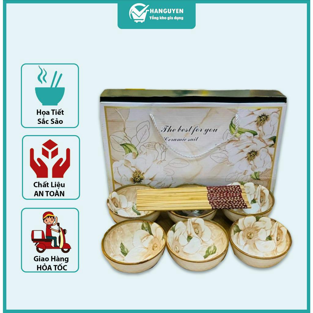 Bộ 6 Bát Gốm Sứ Dâu Tây , Hoa Trà Cao Cấp Phong Cách Bohemia Đóng Hộp Quà Hoạ Tiết Hoa Văn Sắc Sảo