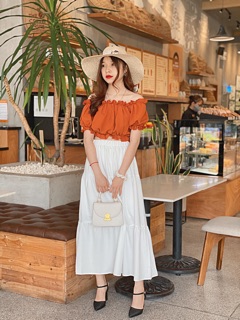 SET Áo crop cam bo chun + chân váy trắng xoè