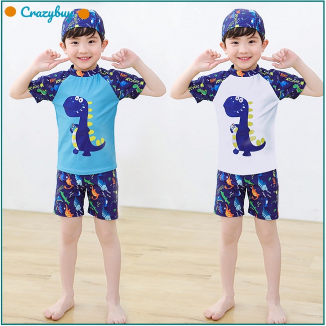 Cr Bộ Đồ Bơi 3 Món Áo + Quần Short + Nón Ngắn Tay Họa Tiết Hoạt Hình Cho Bé Trai 3-13 Tuổi