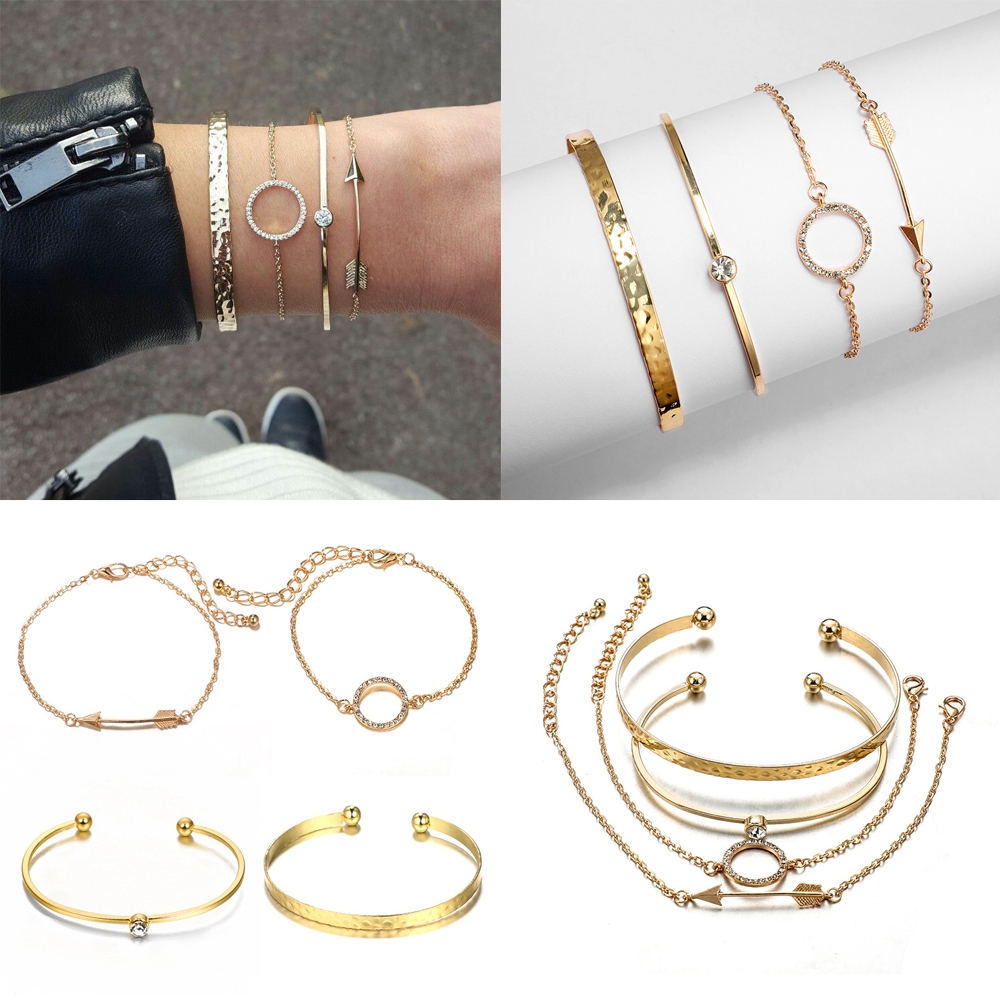 Bộ vòng tay kiểu mở thiết kế hình lá và mặt trăng có thể điều chỉnh kích thước