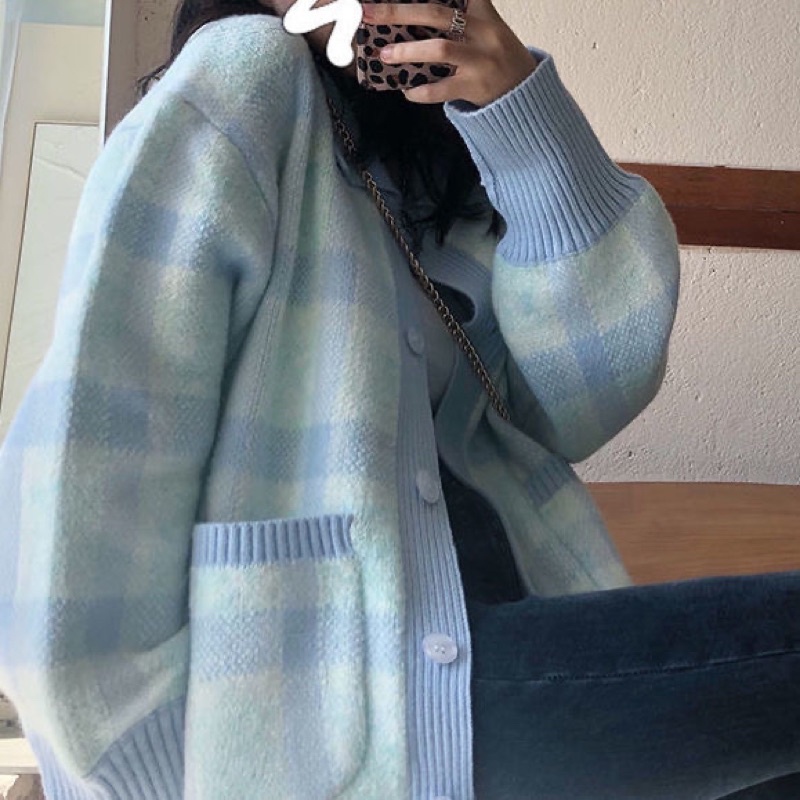 Áo khoác len cardigan cổ polo khuy cài có túi áo form rộng phong cách Hàn Quốc ulzzang dày dặn