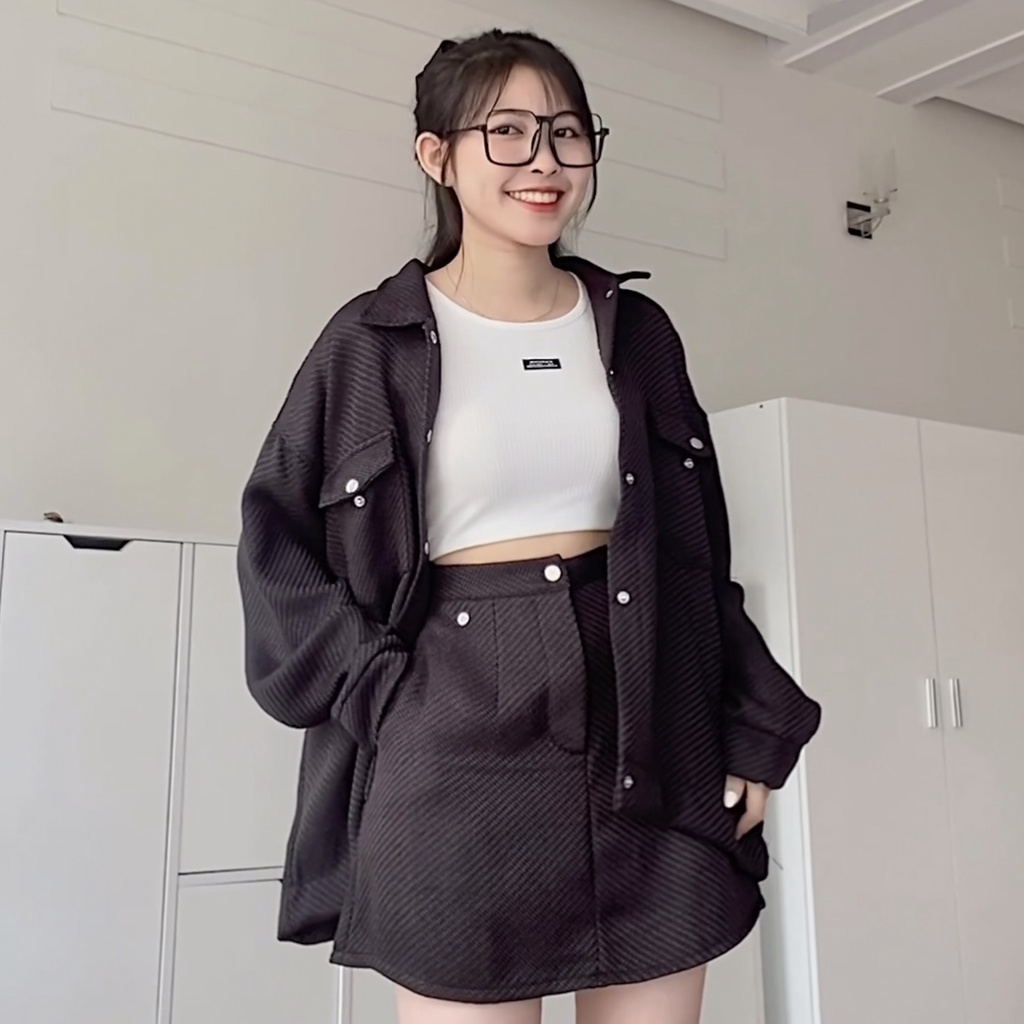 Set Đồ Nữ Áo Khoác Và Chân Váy Ngắn JEM CLOSET Chất Vải Dạ Tweed Kẻ Ô Hàng Quảng Châu Cao Cấp ZAHRA 7184