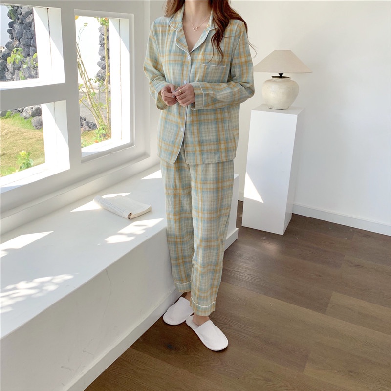[Sẵn] BN1_Bộ ngủ pijama | bộ mặc nhà dài tay kẻ caro ulzzang nhẹ nhàng Hàn Quốc