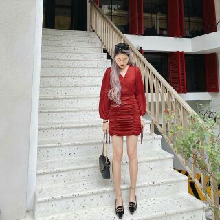 Đầm cổ đắp nhún rút dây ( Còn đỏ)