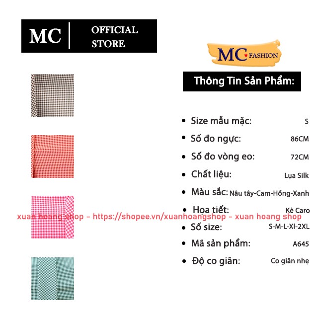 Áo Sơ Mi Nữ Công Sở Mc Fashion A645, Size S, M, L, Xl, 2xl, Tay Ngắn Cộc, Kẻ Sọc Caro, Màu Xanh, Hồng, Trắng, Nâu Tây