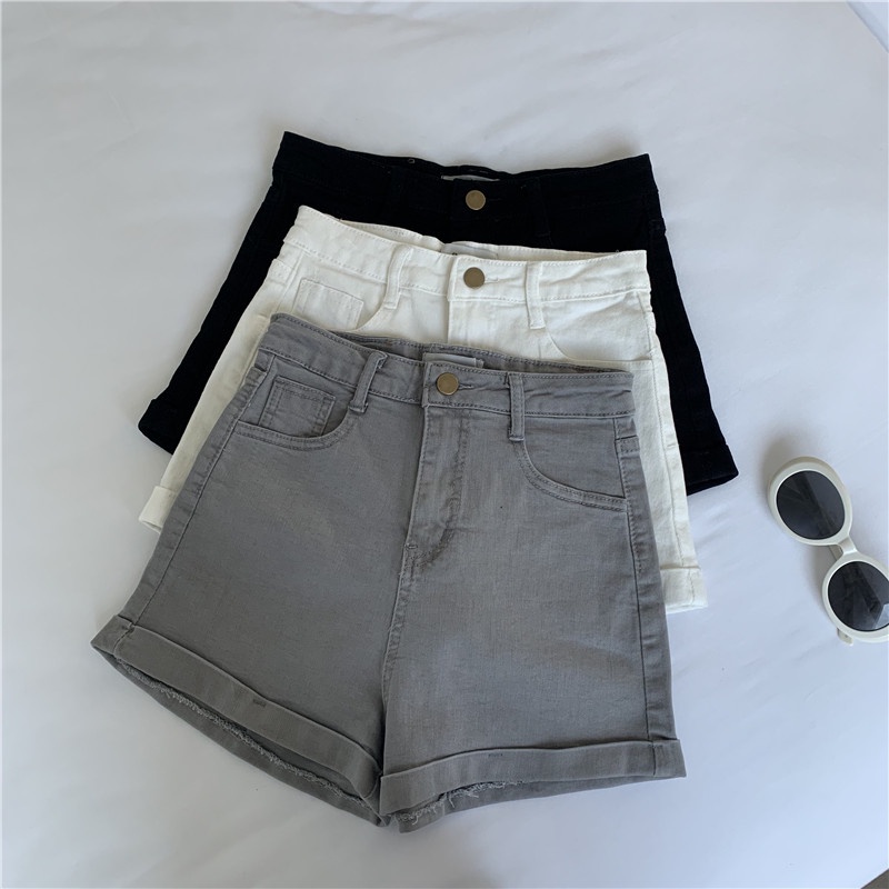 NUZIRO  Quần short denim  lưng cao ống rộng phong cách Hàn Quốc