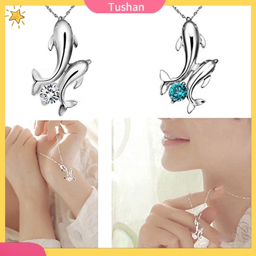 TUSH_Cute Silver Plated Double Dolphins Pendant Charm Chain Necklace Lady Jewelry