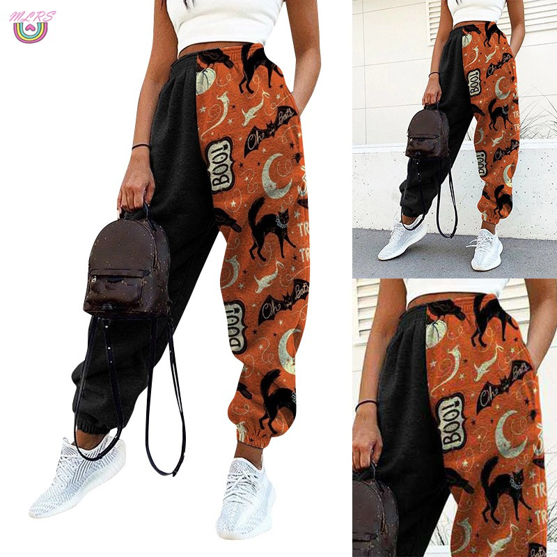 MS Women Loose Fitness Track Pants Colorblock Halloween Print Graffiti Drawstring Casual Pants &VN