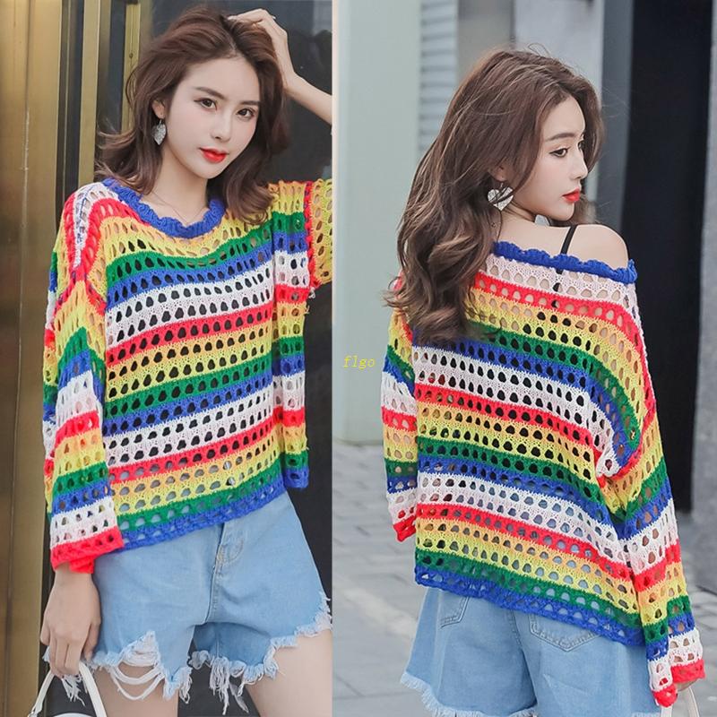 Áo Sweater Chui Đầu Dáng Rộng In Kẻ Sọc Cầu Vồng Kiểu Đường Phố Dễ Thương Cho Bạn Gái