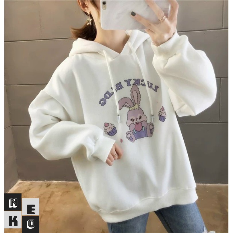 Áo Khoác Hoodie Nữ Nam Nón Trùm Freesize Dưới 65kg - Tai Thỏ Siêu Cute AKN03