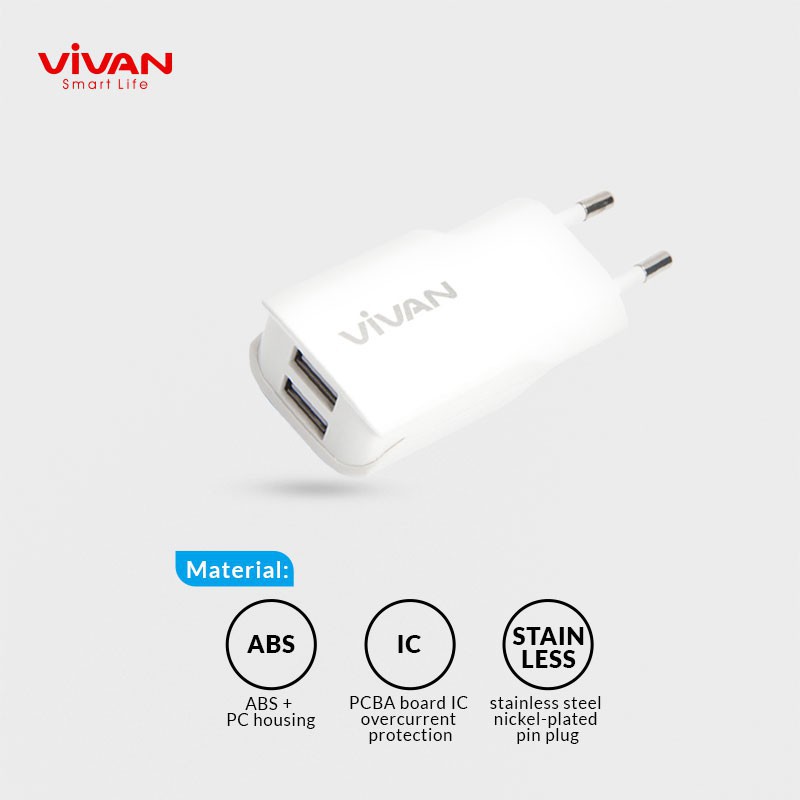 Cốc Sạc VIVAN 2 cổng kết nối USB 2.4A kèm dây cáp Micro 1m - DD01