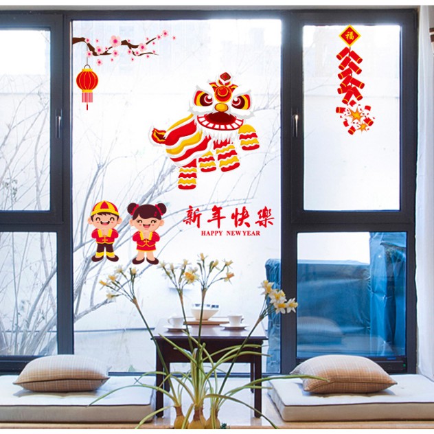 Decal trang trí Tết - Múa Lân Sư Rồng đón xuân