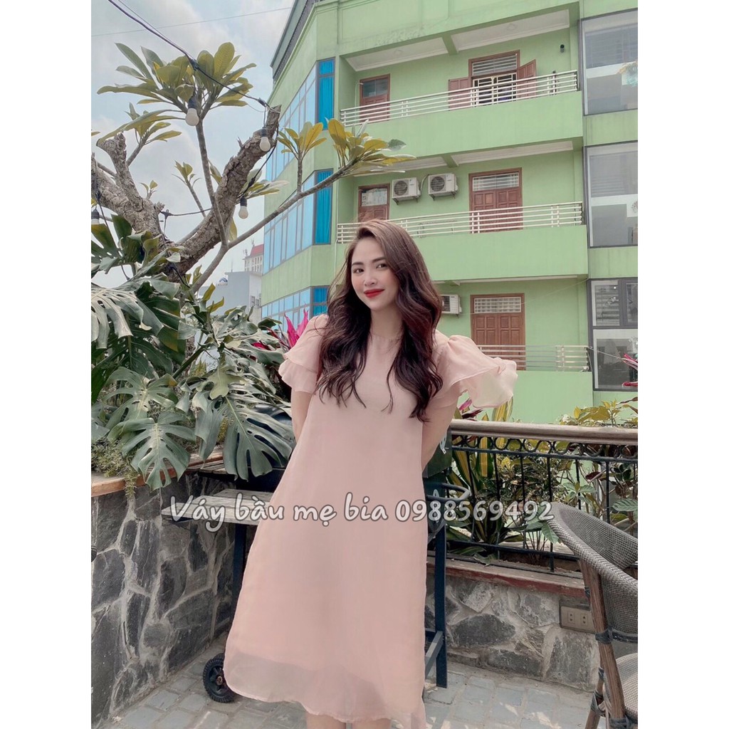 Váy bầu bigsize - Đầm bầu thiết kế GuMe màu HỒNG DÁNG SUÔNG TAY BÈO chất voan tơ 2 lớp size 40-100kg  MB212 - ảnh thật