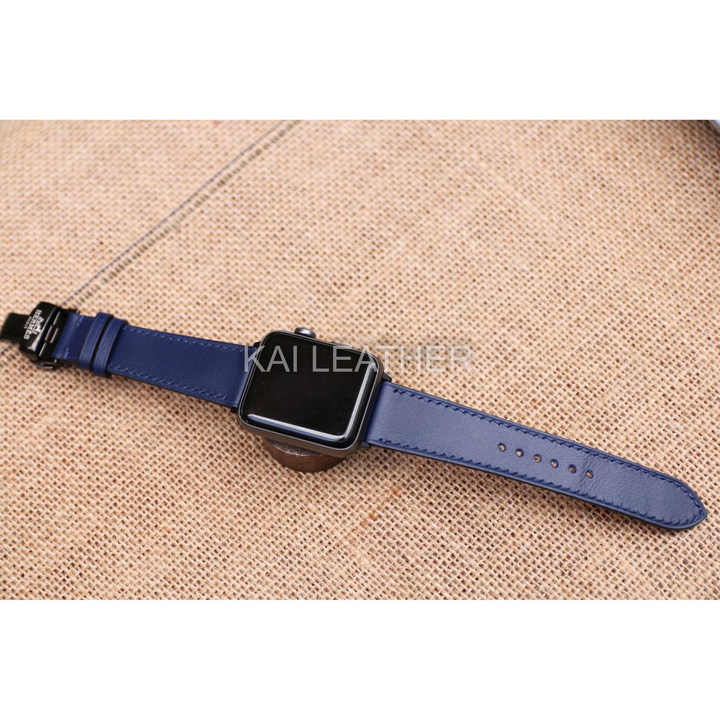 Dây da đồng hồ Apple watch, chất liệu da Epsom Pháp - Xanh navy trơn - Khâu tay thủ công - Bảo hành 12 tháng