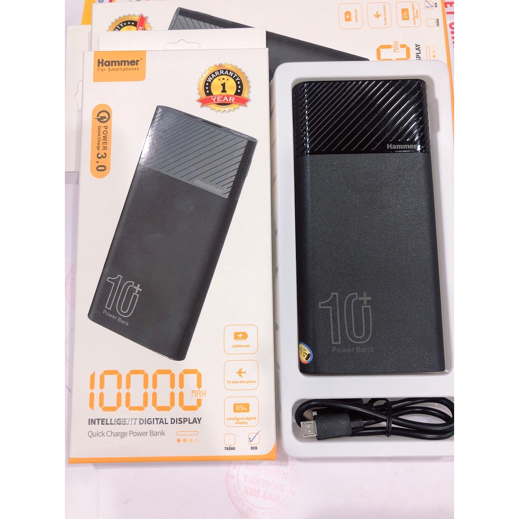 Sạc Dự Phòng Hammer (H08) Li-Ion - Polymer 10.000mAh, Sạc nhanh QC 3.0,PD 18w, LCD  -Chính Hãng, bảo hành 12 tháng