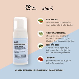 Sữa rửa mặt Dạng Bọt Dưỡng Ẩm Da Klairs Rich Moist Foaming Cleanser 100ml - Skin hub