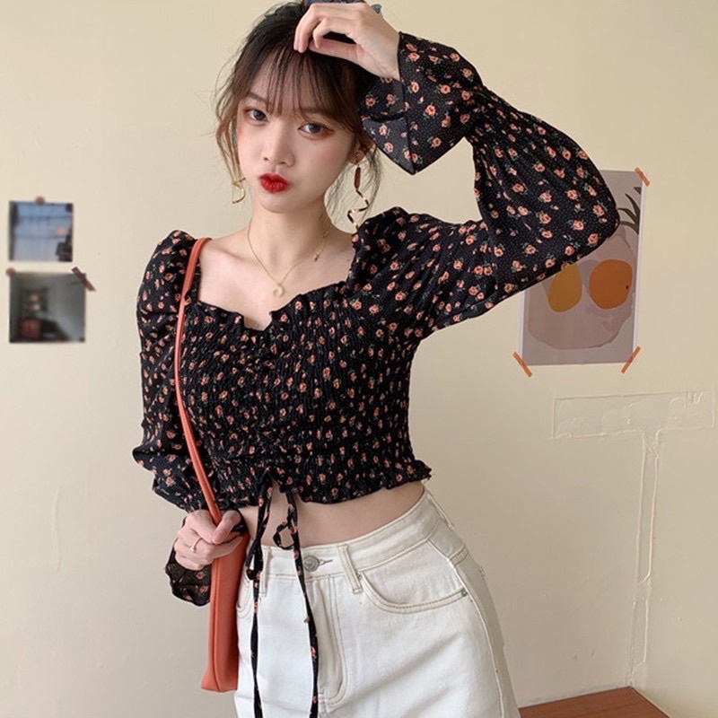 Áo voan Croptop dây rút hoa nhí HOT HIT siêu đẹp, siêu xinh