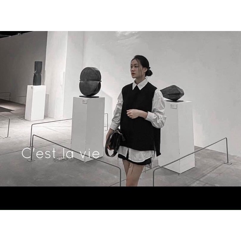 Set áo sơ mi trắng kèm gile đen