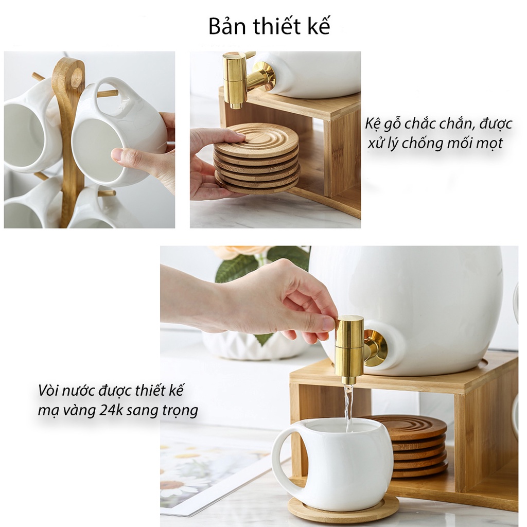 BỘ ẤM CHUM SỨ CAO CẤP + Tặng kèm kệ chống mối mọt, 6 muỗng sứ sang trọng,  bình dung tích lớn chịu được nhiệt cao