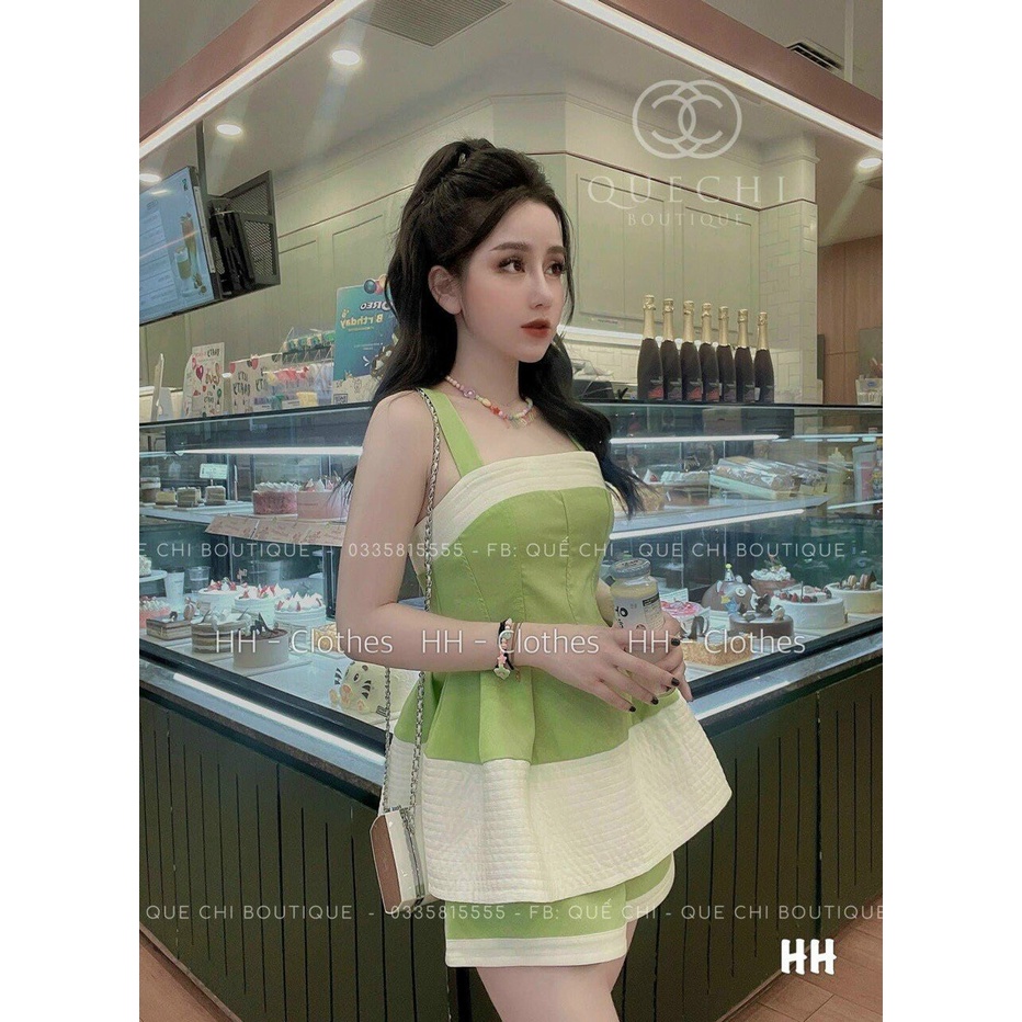 Set đồ bộ nữ sang chản dễ thương, set đồ nữ đi chơi với áo 2 dây dáng xòe kèm quần short ngắn cá tính, chất vải xốp