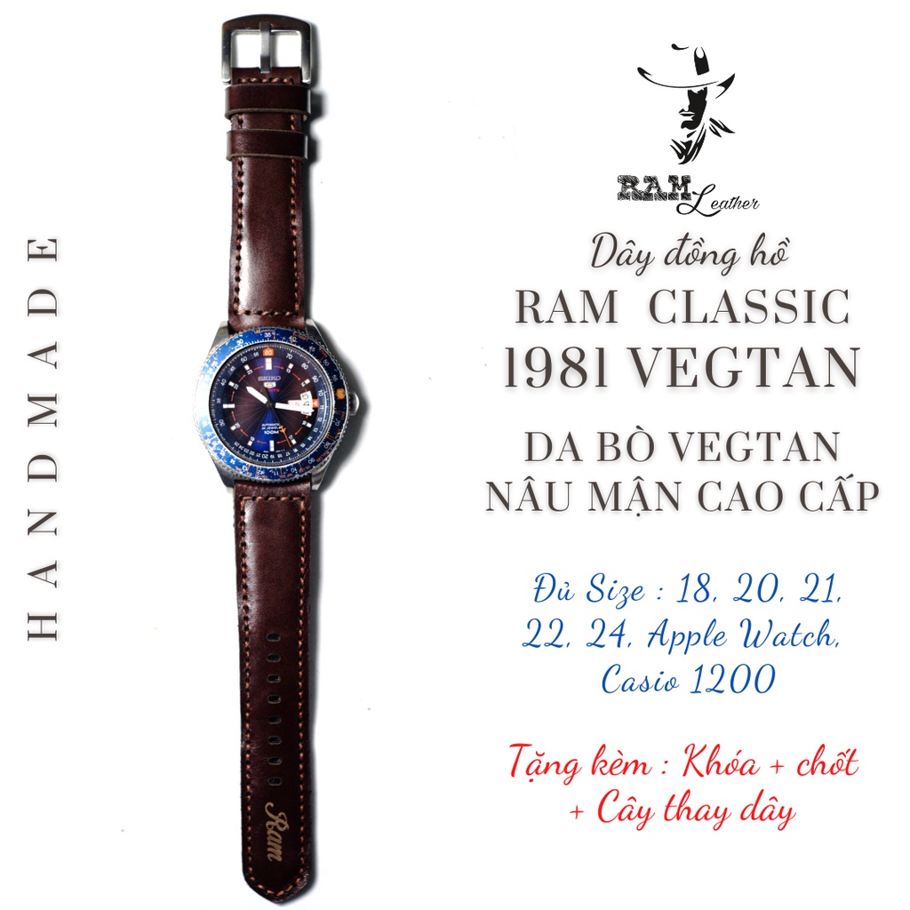 Dây đồng hồ RAM Leather vintage da bò thật RAM Leather Classic 1981 Vegtan màu nâu mận vintage