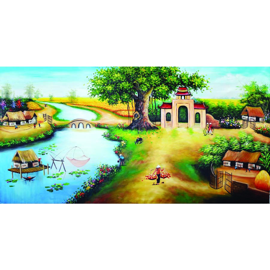 Tranh Dán tường 3D Phong Cảnh Làng Quê chân thực, mộc mạc, yên bình, thanh bình
