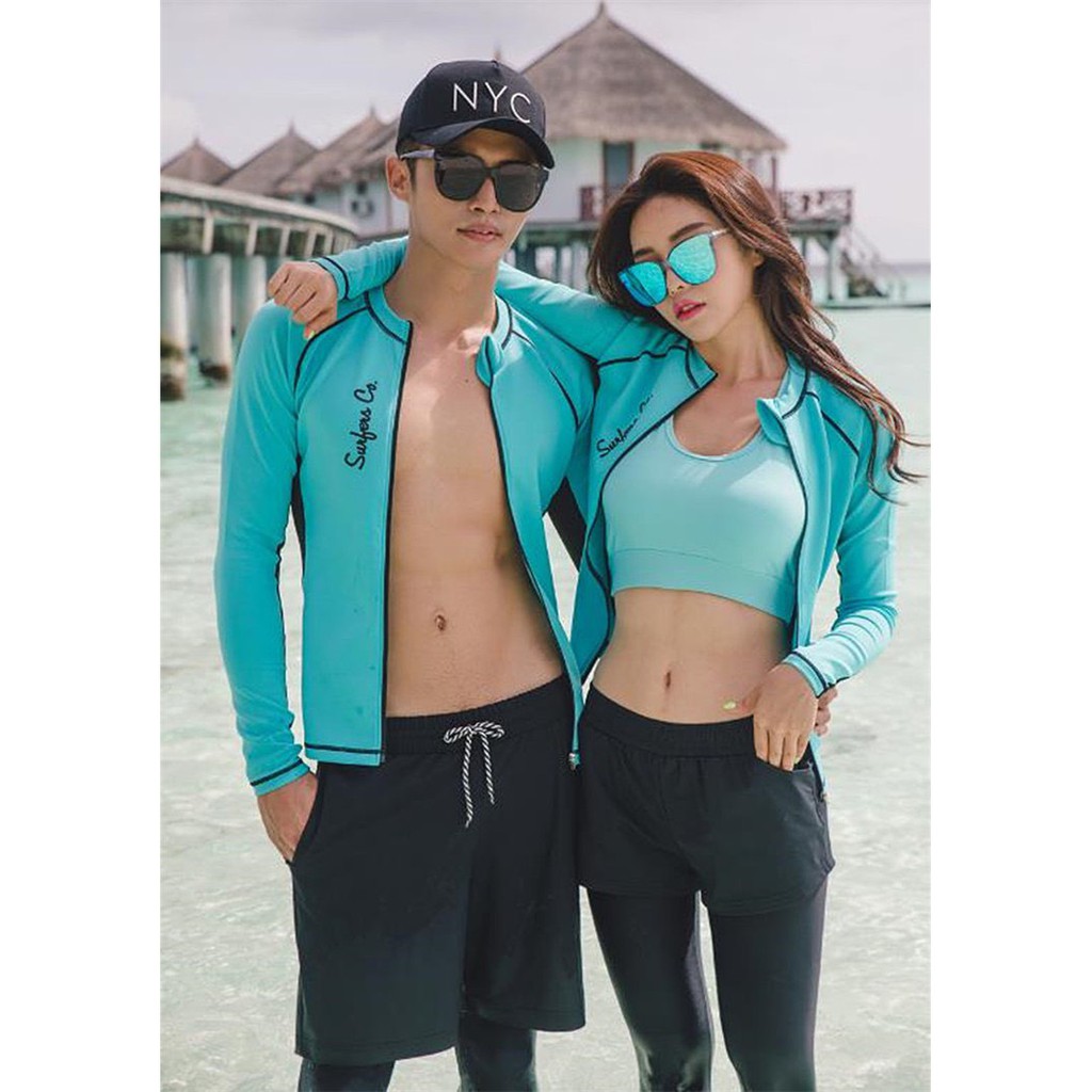 Bộ đồ bơi đôi đi biển nam và nữ áo dài tay màu xanh | BigBuy360 - bigbuy360.vn