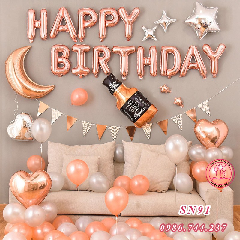 Set Bóng Bay Trang Trí Sinh Nhật Happy Birthday Màu Rose Gold