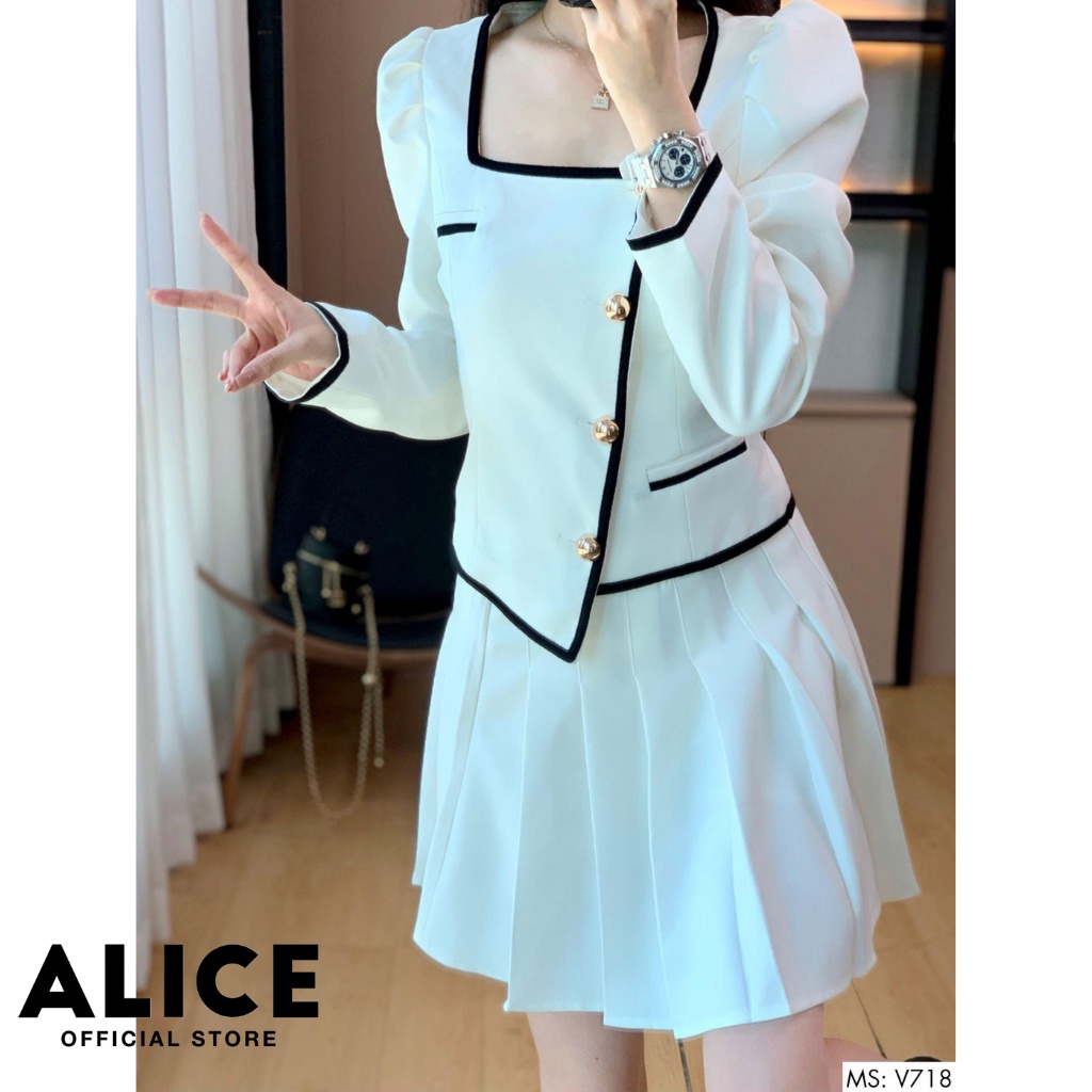 Set Áo Chân Váy Xếp Ly ALICE V718, Thiết Kế Áo Sơ Mi Cổ Vuông Tay Phồng Tiểu Thư Sang Chảnh | BigBuy360 - bigbuy360.vn