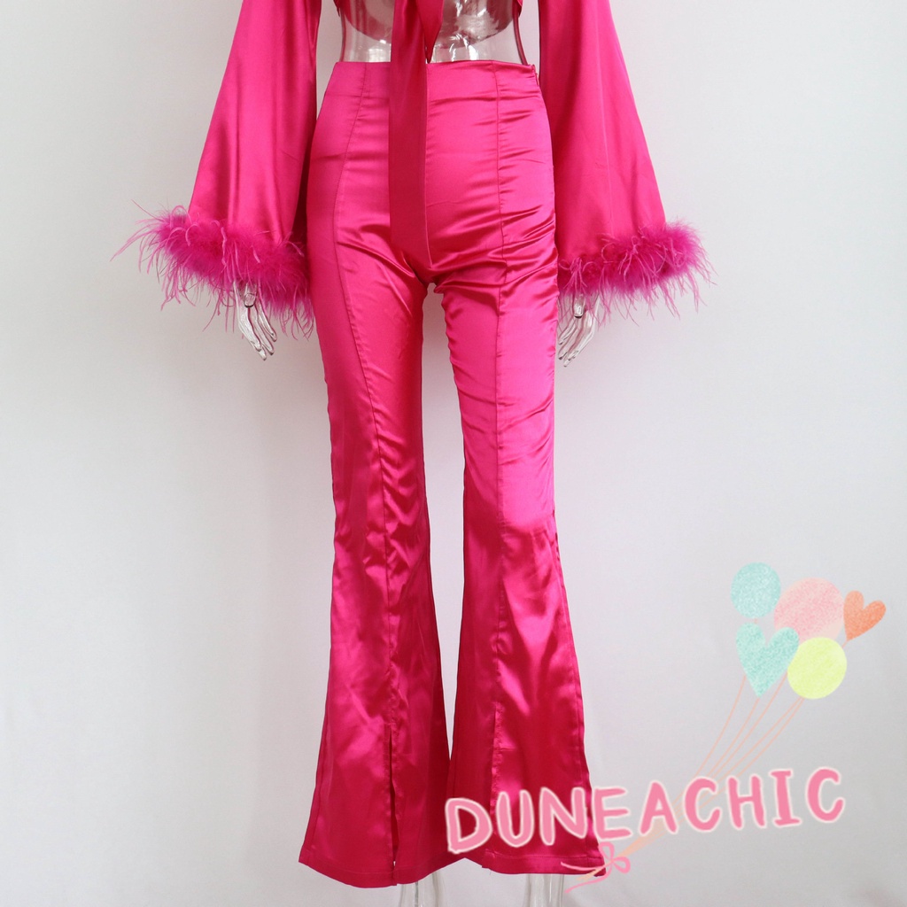 DUNEA Áo cổ chữ V phối lông vũ/ Chân váy/ Quần dài xẻ tà thời trang quyến rũ dành cho nữ
