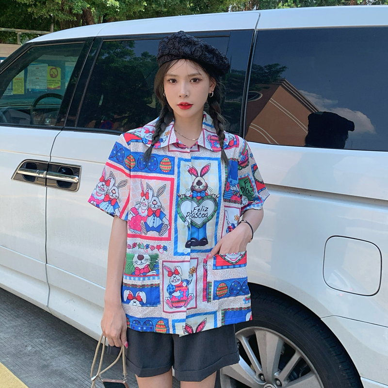 Áo Sơ Mi Nữ Tay Ngắn Hình Thỏ Phong Cách Retro Xinh Xắn