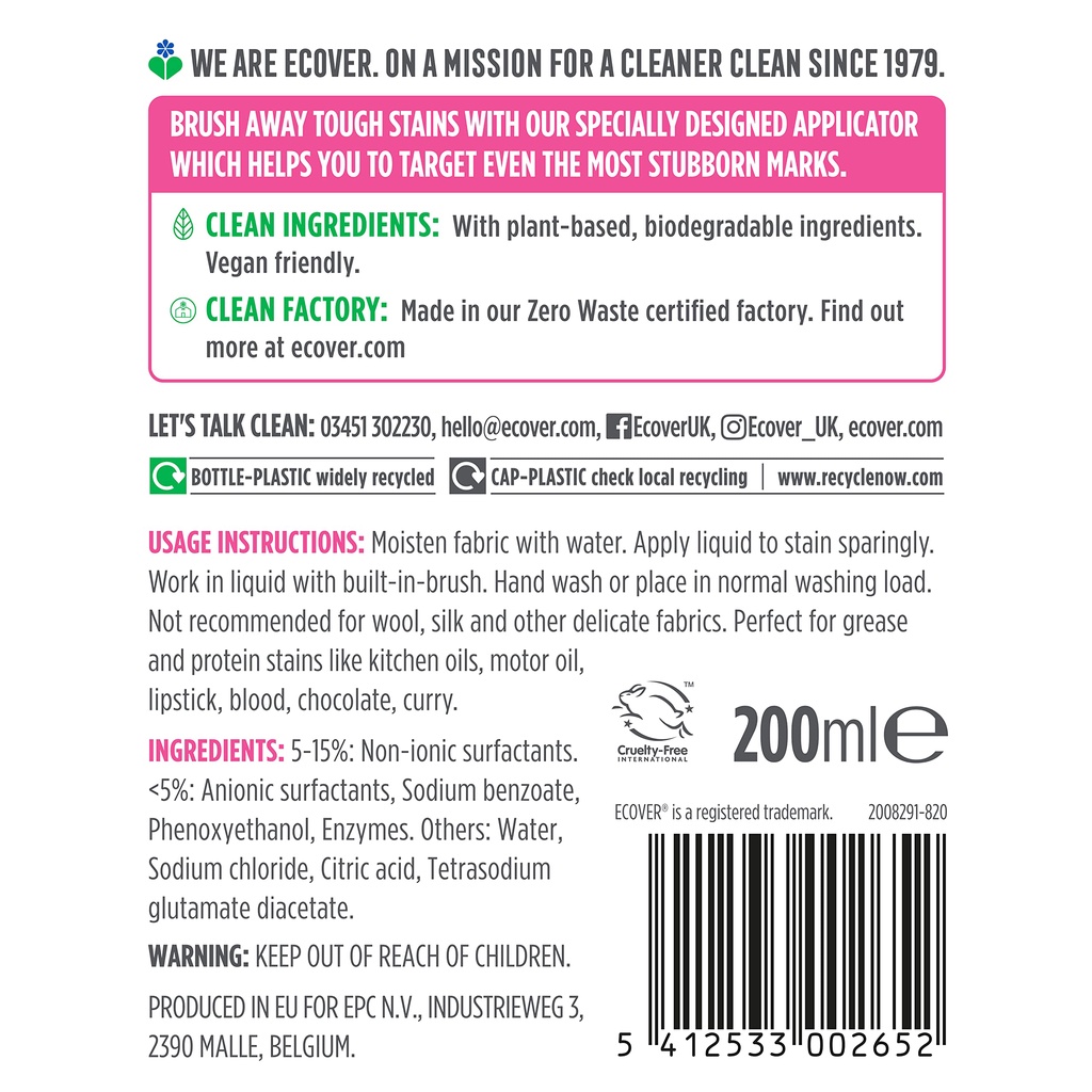 Ecover Stain Remover for clothes, 200ml Made in Belgium