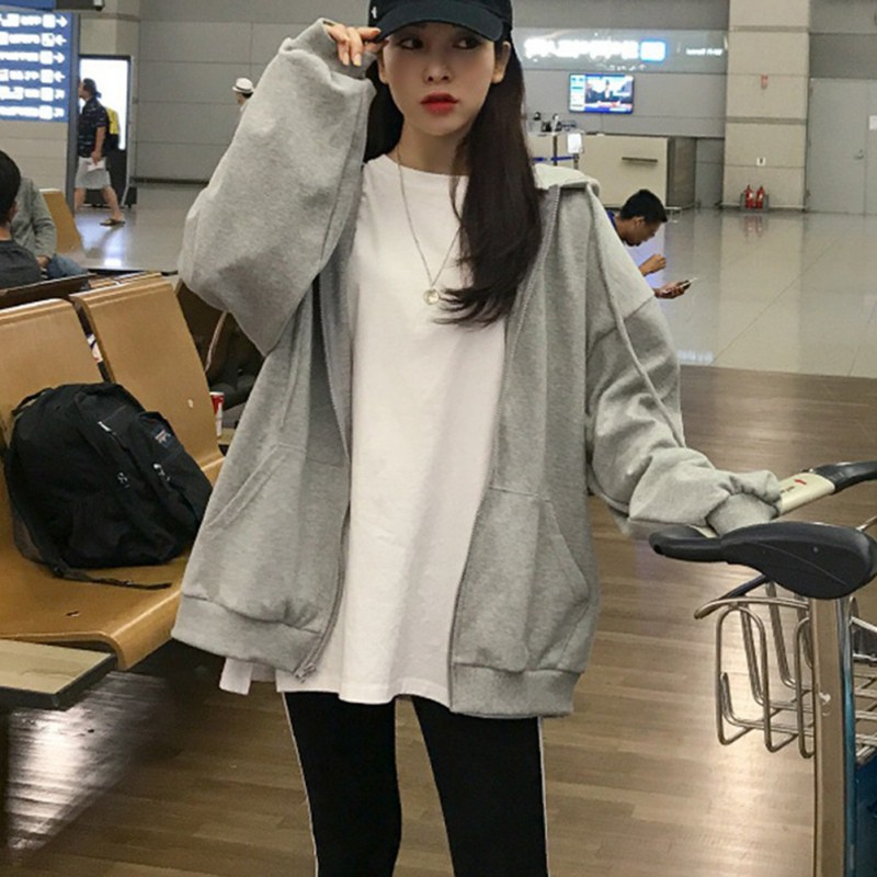 Women Loose Hooded Drawstring Solid Color Long-sleeved Coat