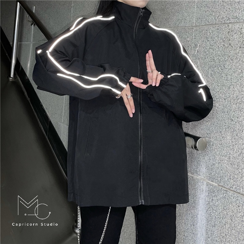 (CÓ SẴN SIZE M) Áo khoác gió oversize cao cổ có sọc phản quang ở tay cá tính [MinC.Studio - MCAK020]