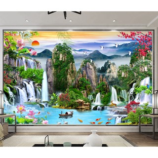 Tranh Dán Tường 3D, Phòng khách- Đã tích hợp sẵn keo-  Sơn thủy Hữu Tình,416