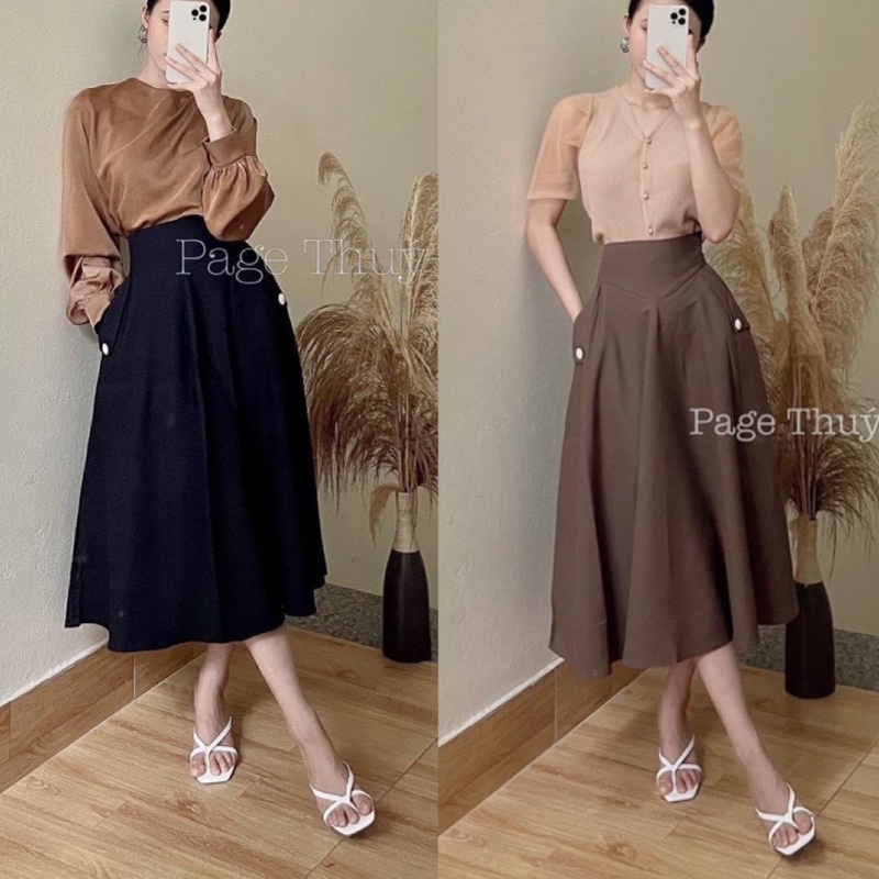 BÁN SỈ CHÂN VÁY XOÈ MIDI GEN BỤNG 2 MÀU ĐEN NÂU CHO NỮ
