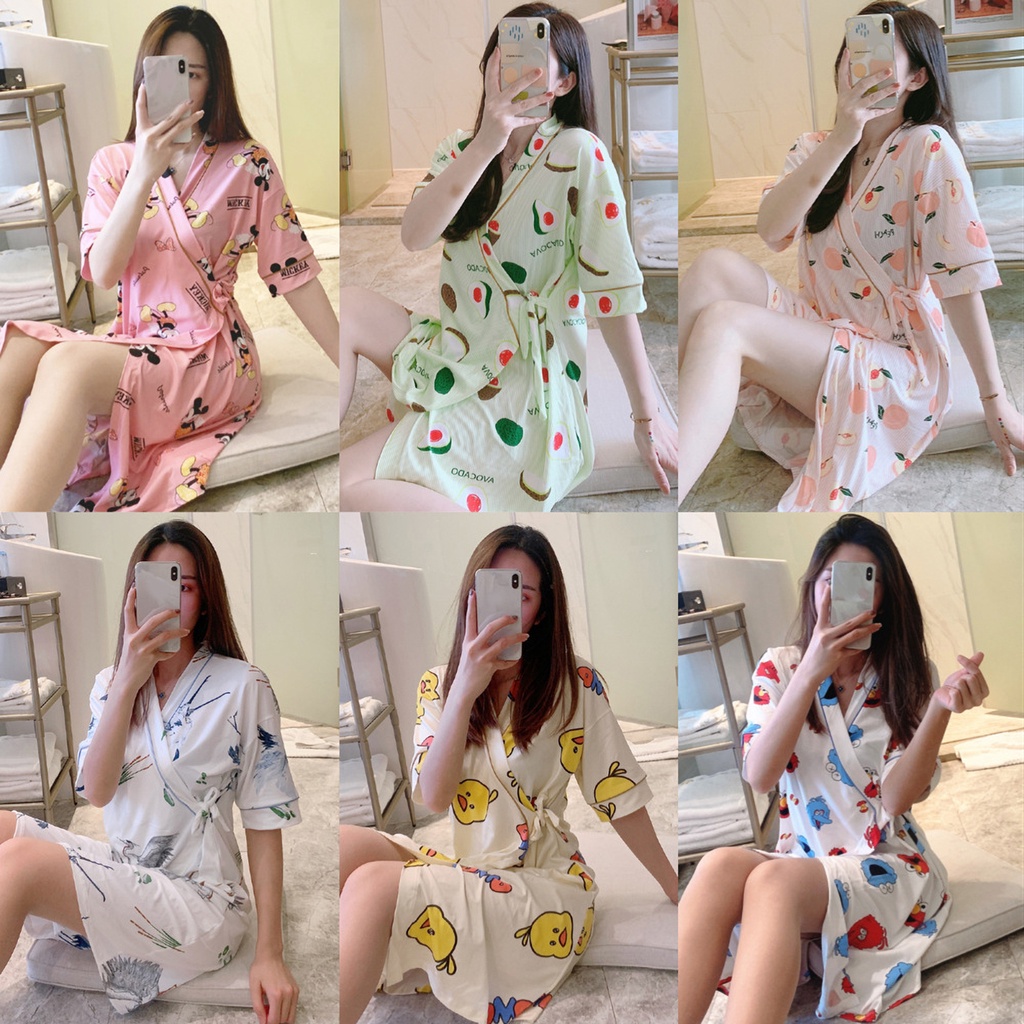 Váy ngủ ngắn tay kimono mùa hè Váy ngủ dài giữa cổ chữ V thắt nơ nữ tính