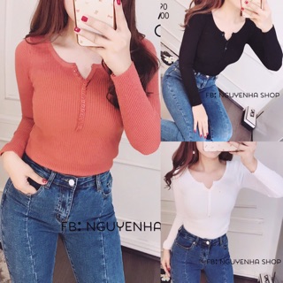 Áo len cổ v phối nút qc