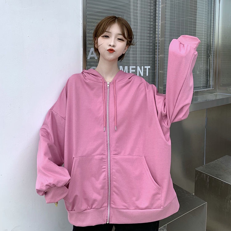 Áo khoác hoodie tay dài dáng rộng màu trơn có khóa kéo phong cách Hàn Quốc cỡ lớn 40-150kg