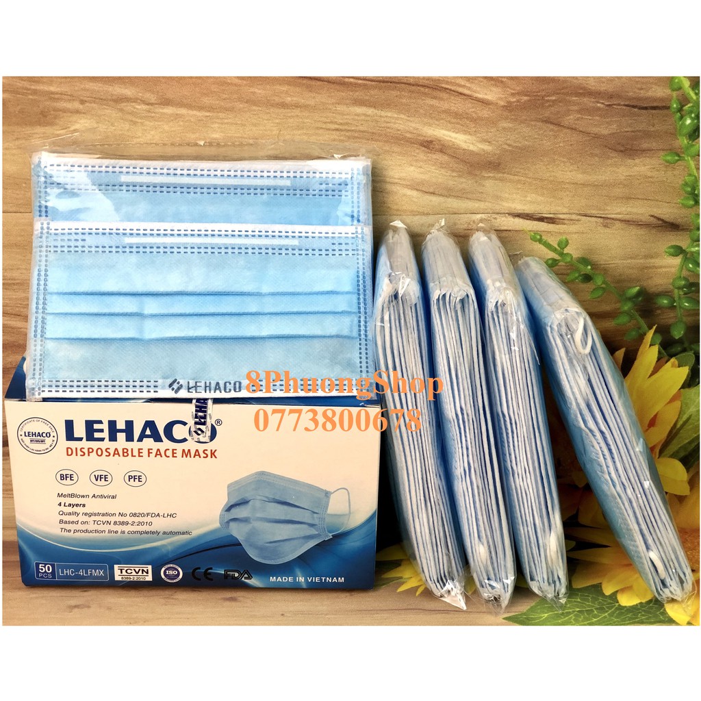 Khẩu trang y tế Lehaco 4 lớp màu Kháng khuẩn Xanh / Hồng / Trắng/ Xám 50 cái/ hộp