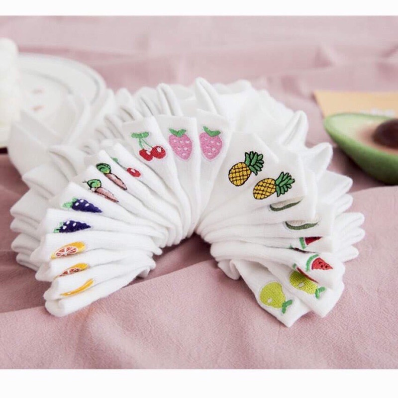 Vớ ngắn, tất ngắn, có đỡ gót thêu trái cây chất cotton thoáng mát, thấm hút mồ hôi_hình thật