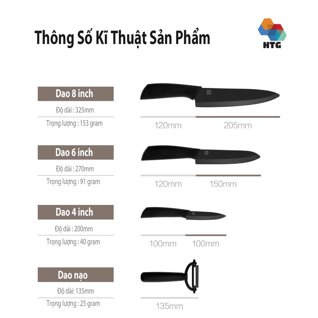 Bộ 4 Dao Nhiệt Gốm Nano Chống Dính Cắt Lát Thịt Cá, Trái Cây, Hoa Quả Xiaomi Huohou Hu0010 Hàng Chính Hãng