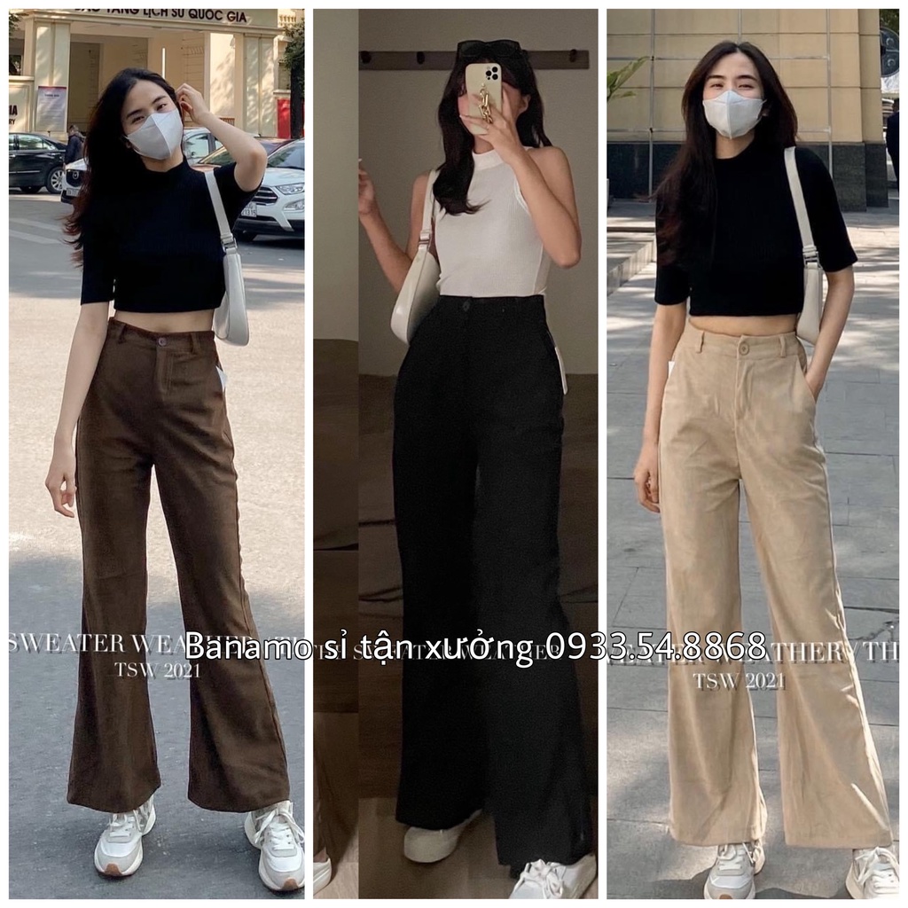 Quần ống loe cạp cao dài 100cm ống vẩy hack chân tôn dáng màu thời trang nữ Banamo Fashion 451
