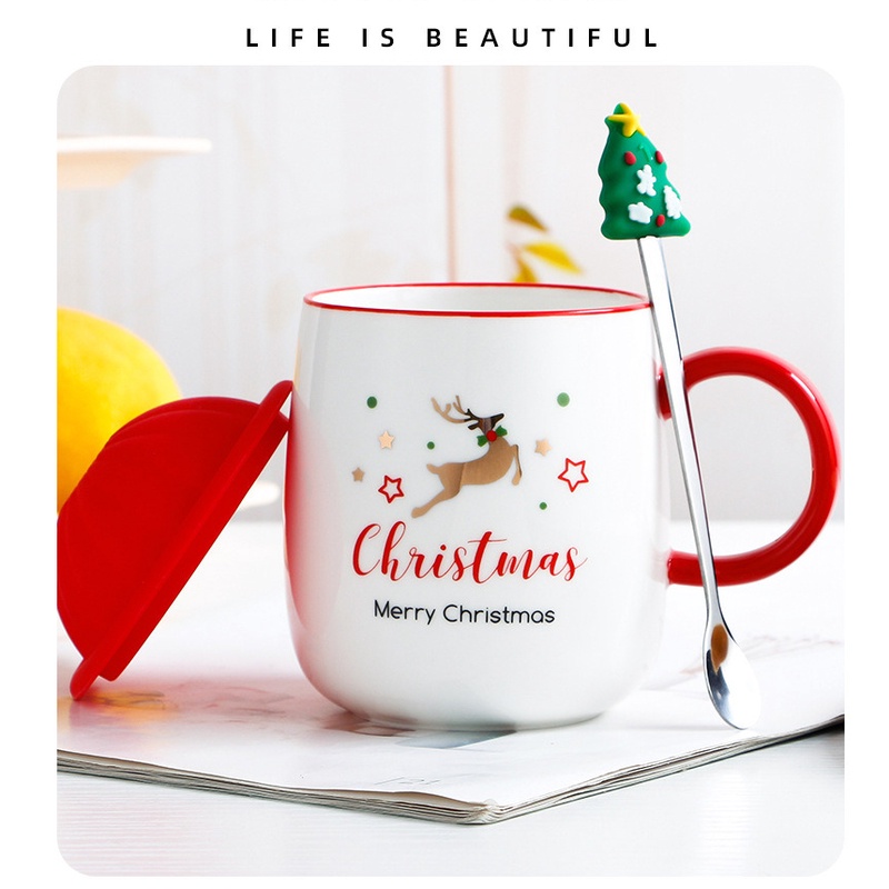 (Hàng Đẹp + Sẳn) Ly Gốm Sứ Merry Christmas, Xmas Kèm thìa nắp 420ML