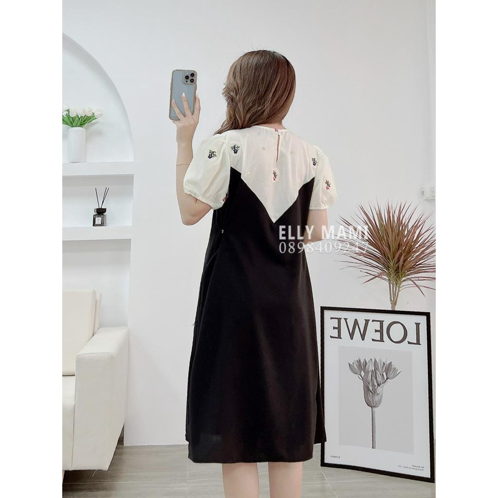 ( 40kg - 110kg ) Đầm Bầu , Suông Cổ Kem Hoa Thêu Tay Phồng Form Dễ Mặc Thoải Mái Suốt Thai Kì &amp; Sau Sinh Thiết Kế