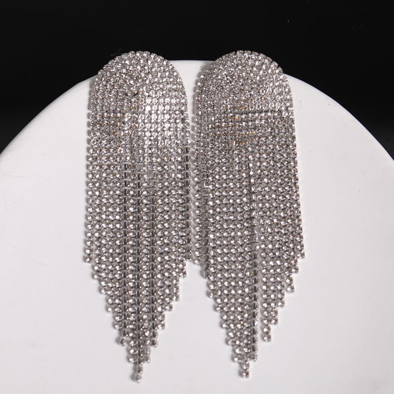 Bông Tai Đính Đá Phối Tua Rua Màu Bạc Phong Cách Âu Mỹ Thời Trang Sang Trọng Cho Nữ