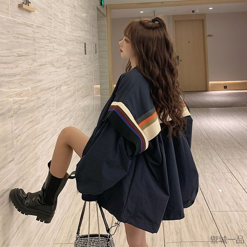 Áo Khoác Bóng Chày Dệt Kim Dáng Rộng Tay Dài Phối Kẻ Sọc Thời Trang Mùa Thu Phong Cách Hàn Quốc 2021