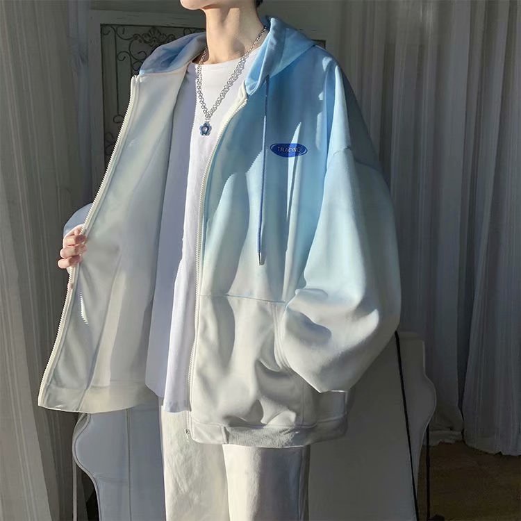 Áo khoác hoodie tay dài dáng rộng phối màu nhuộm gradient kiểu Hồng Kông thời trang xuân thu dành cho nam
