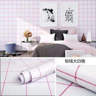 10 mét giấy dán tường sẵn keo kẻ caro trắng hồng
