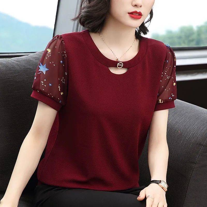 Áo thun tay ngắn bằng vải voan dáng suông thích hợp cho phụ nữ trung niên cỡ lớn